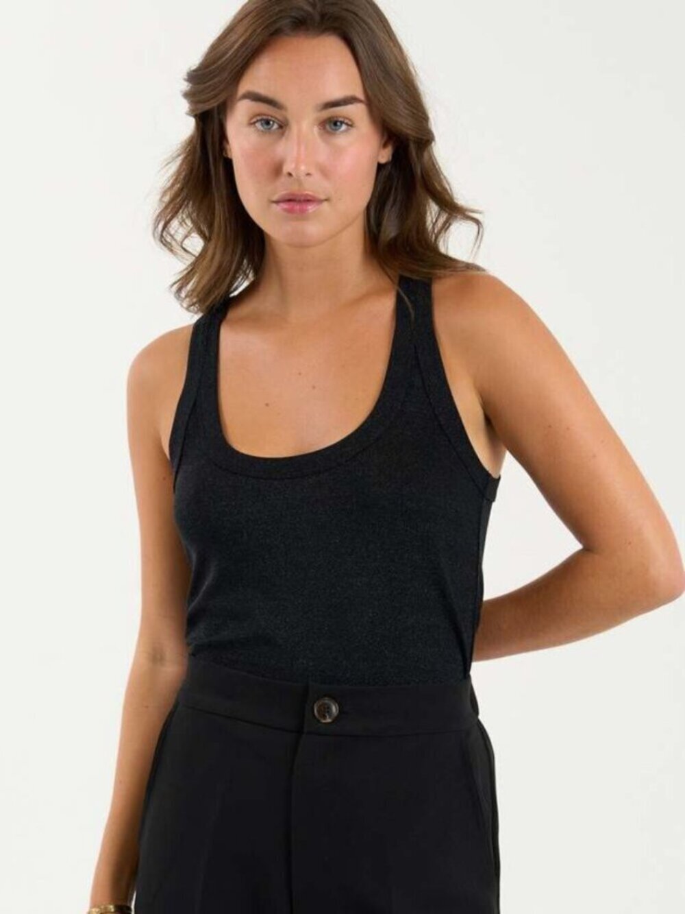 sundays Wood tank black metallic jersey knit top stretch scoop glitter new S